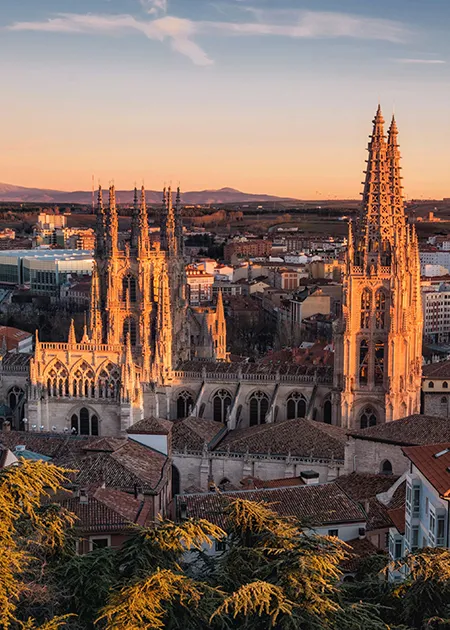 The spires of Burgos Cathedral at sunset, Spain